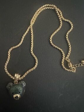 Gold Chain Necklace with Dark Green Teddy Bear Pendant - Women Jewelry
